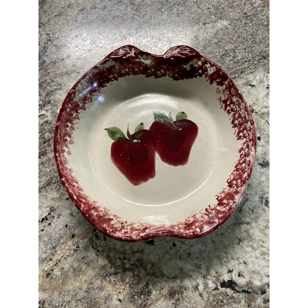 Vintage Apple Pie Plate Hand Painted Red Speckled Border Recipe Dish Farmhouse